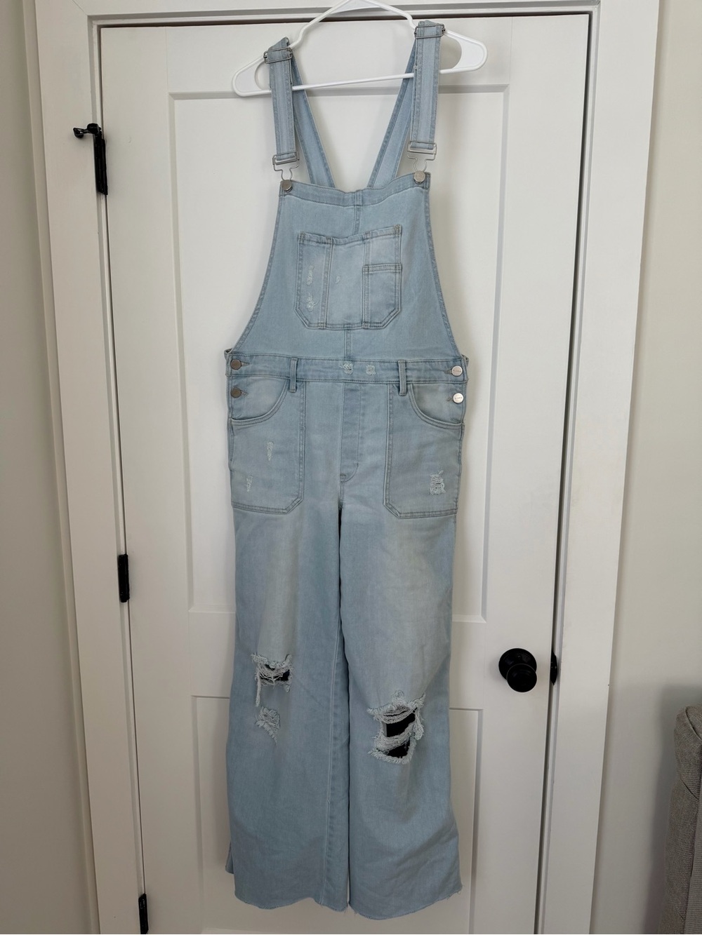Risen Light Wash Denim Overalls - Women's Distressed Wide Leg Jeans